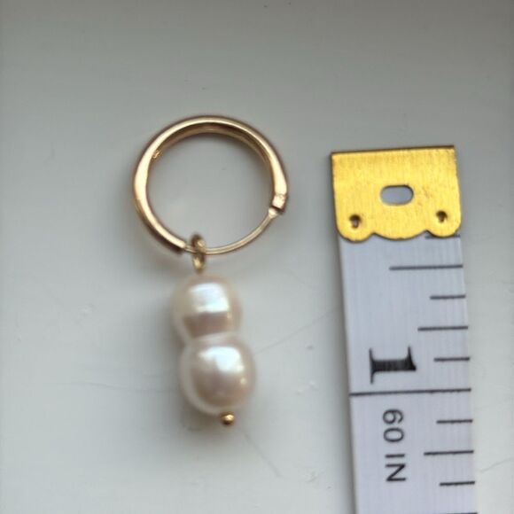 Men’s Twin Pearl Gold Hoop Earrings Genuine Cultured Double Pearl Drop Hoops New - Picture 5 of 6